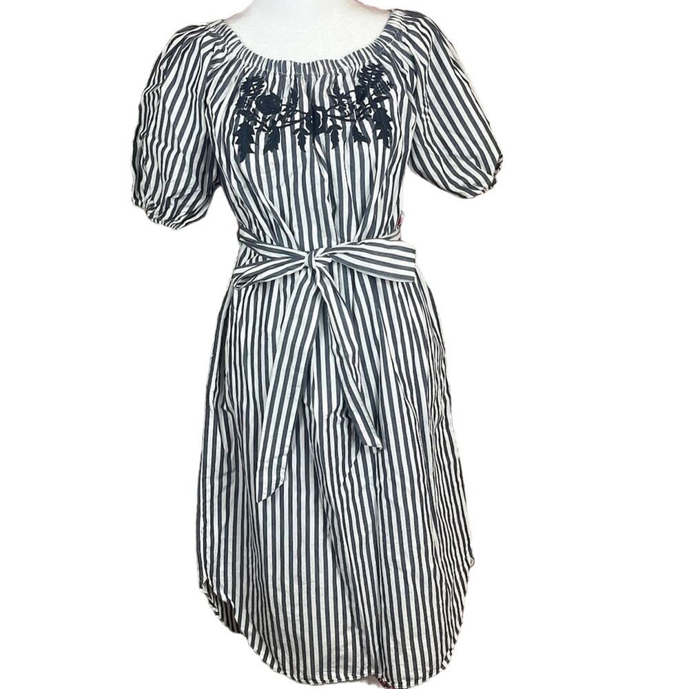 Style Mafia Womens Off Shoulder Dress XS Gray White Striped Cotton Embroidered